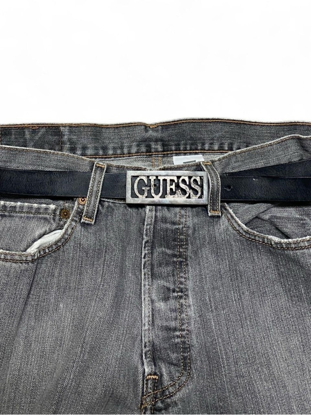 Y2K guess big print out silver and black leather belt